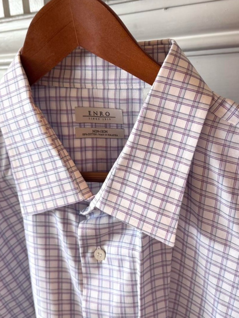 ENRO Non-Iron Dress Shirt 19 36-37 XL Tall Blue Pink Plaid Cotton